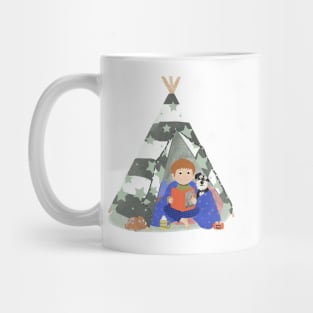 Little boy in a teepee den with story book and puppy surrounded by stars Mug